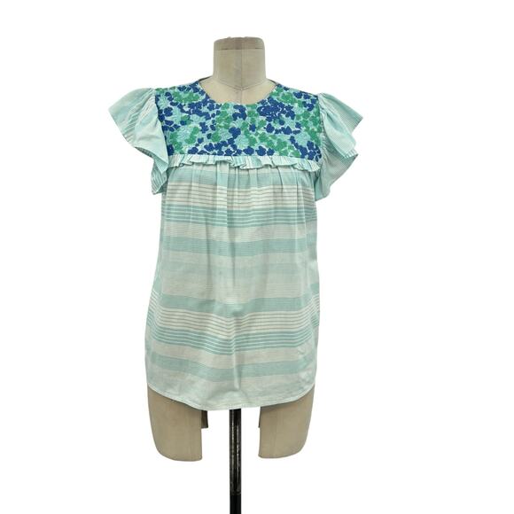 J.Marie Blouse Top Flutter Sleeve Embroidered Floral Stripe Size Small - Picture 1 of 13